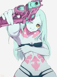 Rule 34 | 1girl, :t, aiming, aiming at viewer, armpits, artist logo, bare shoulders, black bra, black panties, bra, breasts, closed mouth, colored sclera, colored skin, covering privates, covering one breast, cyberpunk (series), cyberpunk edgerunners, green eyes, green hair, gun, handgun, highres, holding, holding gun, holding weapon, leg tattoo, long hair, multi-strapped panties, neck tattoo, one eye closed, panties, rebecca (cyberpunk), red pupils, red sclera, simple background, skindentation, small breasts, solo, stomach, stomach tattoo, strapless, strapless bra, tattoo, underwear, underwear only, weapon, white background, white skin, yoracrab