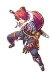 Rule 34 | 1boy, adol christin, armor, boots, coat, falcom, full body, gloves, jewelry, knee boots, male focus, pants, pendant, purple eyes, quecho, red hair, smile, solo, sword, weapon, white background, ys, ys memories of celceta