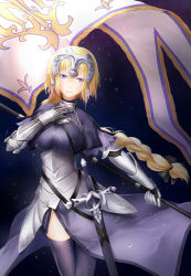 Rule 34 | 1girl, absurdres, armor, armored dress, black dress, black thighhighs, blonde hair, blue eyes, braid, braided ponytail, chain, dress, fate/apocrypha, fate (series), faulds, floating hair, gauntlets, headpiece, highres, jeanne d&#039;arc (fate), jeanne d&#039;arc (ruler) (fate), long hair, looking at viewer, parted lips, single braid, solo, standing, thighhighs, very long hair, yakku