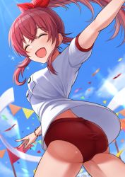 Rule 34 | 1girl, absurdres, ahoge, ass, blue sky, bracelet, breasts, buruma, closed eyes, cloud, commentary, confetti, day, flag, gym uniform, hair ribbon, highres, idolmaster, idolmaster shiny colors, jewelry, komiya kaho, large breasts, light blush, long hair, looking back, open mouth, osoba susurukun, outdoors, outstretched arm, ponytail, red buruma, red eyes, red ribbon, ribbon, running, shirt, short sleeves, sidelocks, sky, smile, solo, sparkle, sports festival, t-shirt, thighs, white shirt