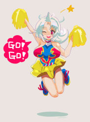 Rule 34 | 1girl, arm up, artist request, bare legs, bare shoulders, breasts, cheering, cheerleader, happy, jumping, kinnikuman, kinnikuman lady, kinnikuman lady (character), large breasts, looking at viewer, medium hair, one eye closed, pom pom (cheerleading), red eyes, short shorts, shorts, smile, solo, white hair, wide hips, wink