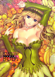 Rule 34 | 1girl, apple, armpits, artbook, avocado, banana, bare shoulders, berry, blonde hair, breasts, cantaloupe, choker, cleavage, coconut, collarbone, corset, detached sleeves, dress, earrings, elbow gloves, fingernails, food, fruit, gloves, grapefruit, grapes, green dress, happoubi jin, headband, highres, huge breasts, jewelry, large breasts, leaf, lemon, lips, long hair, looking at viewer, looking up, lying, mango, melon, nashi pear, necklace, on back, orange (fruit), original, papaya, pear, persimmon, pineapple, purple eyes, ribbon, solo, starfruit, strawberry, sweet body, text focus, watermelon