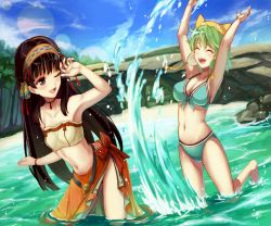 Rule 34 | 2girls, :d, ;d, ^ ^, animal hat, arms up, atelier (series), atelier shallie, barefoot, bikini, blue bikini, bracelet, breasts, brown eyes, brown hair, cat hat, closed eyes, cloud, collarbone, day, dutch angle, closed eyes, female focus, green hair, hairband, hat, highres, jewelry, leg up, lens flare, long hair, looking back, medium breasts, multiple girls, navel, one eye closed, open mouth, outdoors, partially submerged, reimaco, rock, sarong, shallistera (atelier), shallotte elminus, short hair, sky, small breasts, smile, splashing, standing, swimsuit, very long hair, water