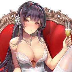 Rule 34 | 1girl, alcohol, bare shoulders, blush, breasts, champagne flute, cleavage, cup, d. (ddot2018), dress, drinking glass, earrings, elaine (iron saga), flower, gem, hair flower, hair ornament, holding, holding cup, iron saga, jewelry, knee up, lace, lace-trimmed legwear, lace trim, large breasts, long hair, looking at viewer, necklace, parted lips, purple hair, red eyes, red gemstone, silver, sitting, solo, strap slip, thighhighs, upper body, white dress, white flower, white thighhighs
