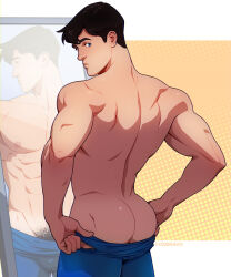 Rule 34 | 1boy, ass, back, bara, black hair, blue eyes, blue pants, butt crack, clark kent, closed mouth, dc comics, dressing, fox bravo, highres, male focus, male pubic hair, mirror, mirror image, muscular, muscular male, my adventures with superman, pants, pants lift, pubic hair, short hair, solo, superman (series), topless male
