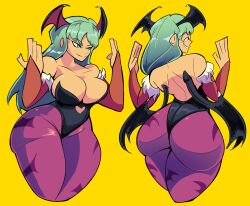 ass blush demon_girl georgewithas green_eyes green_hair highres long_hair morrigan_aensland simple_background smile thick_eyebrows darkstalkers wide_hips