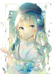 Rule 34 | 1girl, absurdres, bad id, bad pixiv id, bubble, garrison cap, hair between eyes, hand up, hat, highres, japanese clothes, kantai collection, kimono, long hair, looking at viewer, mao ge, open mouth, ribbon, solo, u-511 (kancolle), water, water drop, white hair