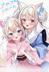 Rule 34 | 2girls, animal ear fluff, animal ears, blonde hair, blue eyes, blue hair, blue kimono, blue nails, blush, commentary, dog ears, dog girl, dog tail, double bun, fang, fuwawa abyssgard, hair bun, hair ornament, hairpin, hand on another&#039;s shoulder, highres, hololive, hololive english, japanese clothes, kimono, long hair, looking at viewer, maru ccy, medium hair, mococo abyssgard, multicolored hair, multiple girls, nail polish, open mouth, pink eyes, pink hair, pink kimono, siblings, sisters, skin fang, smile, streaked hair, tail, twins, virtual youtuber, white background, x hair ornament