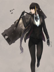 Rule 34 | 1girl, absurdres, alternate costume, black gloves, black hair, black pants, black ribbon, braid, brown eyes, brown hair, buttons, cigarette, collared shirt, dated, dress shirt, dress shoes, eyepatch, girls&#039; frontline, gloves, griffin &amp; kryuger, grifon&amp;kryuger, highres, holding, holding cigarette, holding strap, jacket, long hair, long sleeves, looking to the side, m16a1 (girls&#039; frontline), mid-stride, mole, mole under eye, multicolored hair, neck ribbon, pants, ribbon, shirt, shoes, sidelocks, signature, simple background, smoke trail, solo, streaked hair, walking, weapon case, white shirt
