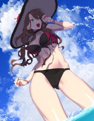 Rule 34 | 1girl, absurdres, bracelet, breasts, brown hair, cleavage, cloud, cloudy sky, commission, commissioner upload, dorothea arnault, dorothea arnault (summer), earrings, fire emblem, fire emblem: three houses, fire emblem heroes, flower, gluteal fold, green eyes, hat, hat flower, highres, jewelry, large breasts, long hair, midriff, nail polish, nintendo, official alternate costume, open mouth, rasupekuto, skeb commission, sky, solo, swimsuit, thighs, water