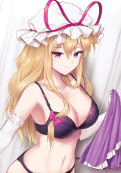 Rule 34 | 1girl, blonde hair, bow, bra, breasts, closed mouth, dutch angle, elbow gloves, gloves, hair between eyes, hair bow, hat, highres, large breasts, long hair, looking at viewer, minust, navel, non-web source, purple bra, purple eyes, scan, sidelocks, simple background, smile, solo, touhou, underwear, underwear only, white gloves, yakumo yukari