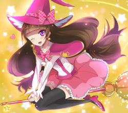 Rule 34 | 1girl, amanogawa kirara, black thighhighs, bow, broom, broom riding, brown hair, cosplay, earrings, full body, go! princess precure, haru (nature life), hat, hat bow, jewelry, long hair, looking at viewer, mahou girls precure!, pink footwear, pink hat, pink skirt, plaid, plaid bow, precure, purple eyes, shirt, shoes, skirt, smile, solo, star (symbol), star earrings, thighhighs, twintails, white shirt, witch hat, yellow background