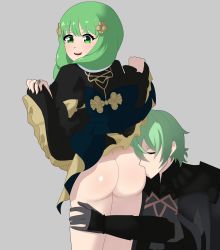 Rule 34 | 1boy, 1girl, absurdres, armor, ass, back, black armor, blush, bow, byleth (fire emblem), byleth (male) (fire emblem), closed eyes, clothes lift, dress, dress lift, fire emblem, fire emblem: three houses, flayn (fire emblem), garreg mach monastery uniform, gloves, green eyes, green hair, grey background, hair ornament, hetero, highres, jewelry, kiss, lifting own clothes, long hair, matching hair/eyes, nintendo, no panties, open mouth, ring, short hair, smile, standing, thigh grab, umisaki, wedding ring