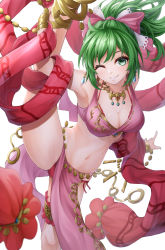 Rule 34 | 1girl, ;), armpits, bare legs, breasts, cleavage, dancer, earrings, fire emblem, fire emblem: genealogy of the holy war, green eyes, green hair, jewelry, lene (fire emblem), looking at viewer, medium breasts, nintendo, one eye closed, panties, pelvic curtain, ponytail, red panties, short hair, smile, solo, split, standing, standing on one leg, ten (tenchan man), underwear, white background