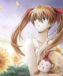 Rule 34 | 1girl, alternate hairstyle, artist request, blue eyes, bodysuit, breasts, brown hair, dress, floating hair, flower, hat, highres, holding, holding stuffed toy, long hair, looking up, neon genesis evangelion, shiny clothes, solo, souryuu asuka langley, stomping, stuffed animal, stuffed toy, sun hat, sunflower, twintails, two side up, very long hair, weapon