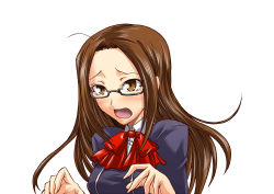 Rule 34 | 1girl, atlus, blush, breasts, brown eyes, brown hair, female focus, fushimi chihiro, glasses, long hair, open mouth, persona, persona 3, school uniform, segami daisuke, simple background, solo, tears, white background