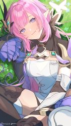 Rule 34 | 1girl, arisuke (natuyan), black footwear, black shorts, blue eyes, boots, breasts, bug, butterfly, cleavage, closed mouth, elf, elysia (honkai impact), elysia (miss pink elf) (honkai impact), grass, hair ornament, highres, honkai (series), honkai impact 3rd, insect, long sleeves, looking at viewer, pink butterfly, pink hair, pointy ears, ponytail, shorts, smile, solo, thigh boots