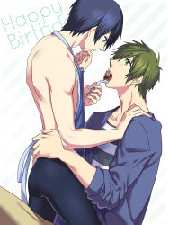 Rule 34 | 10s, 2boys, apron, black hair, black jammers, black male swimwear, blue eyes, brown hair, cardigan, feeding, free!, green eyes, hand on another&#039;s face, hand on own hip, hand on shoulder, happy birthday, jammers, male focus, male swimwear, multiple boys, nanase haruka (free!), open mouth, short hair, sitting, swimsuit, tachibana makoto