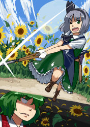 Rule 34 | 2girls, aka-kabuto no gema, blue eyes, boots, cross-laced footwear, female focus, field, flower, flower field, ghost, gloves, green eyes, green hair, hair over one eye, hairband, hedge trimmer, kazami yuuka, konpaku youmu, konpaku youmu (ghost), lace-up boots, light trail, multiple girls, one eye closed, petals, plaid, plaid vest, red eyes, shaded face, shears, short hair, silver hair, sunflower, sunflower field, touhou, vest