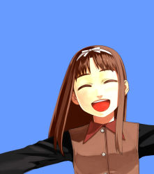 Rule 34 | 00s, 1girl, :d, ^ ^, angelica (gunslinger girl), blue background, brown hair, closed eyes, gunslinger girl, hair ribbon, hairband, happy, long hair, open mouth, outstretched arms, ribbon, smile, solo, spread arms, yu 65026
