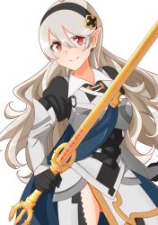Rule 34 | 1girl, armor, black hairband, blue cape, cape, corrin (female) (fire emblem), corrin (fire emblem), fire emblem, fire emblem fates, grey hair, hair between eyes, hairband, highres, holding, holding sword, holding weapon, ikonaska, long hair, looking at viewer, nintendo, pointy ears, red eyes, smile, solo, sword, weapon, yato (fire emblem)