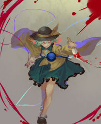 Rule 34 | 1girl, black hat, blood, bloody weapon, blouse, floating hair, full body, green eyes, green hair, green skirt, grey socks, hat, holding, holding knife, inishie kumo, knife, komeiji koishi, long sleeves, looking at viewer, medium hair, one-hour drawing challenge, reverse grip, shirt, shoes, skirt, smile, socks, solo, standing, touhou, weapon, wide sleeves, yellow shirt