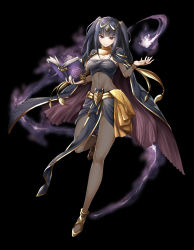 Rule 34 | &gt;:), 1girl, black background, black hair, bodysuit, book, bracelet, breasts, bridal gauntlets, cape, cleavage, fire emblem, fire emblem awakening, fire emblem heroes, full body, hair ornament, highres, jewelry, kaorihero, long hair, looking at viewer, medium breasts, nail polish, nintendo, open book, parted lips, pelvic curtain, purple eyes, simple background, smile, solo, tharja (fire emblem), tiara, two side up, v-shaped eyebrows