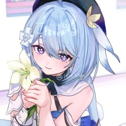Rule 34 | 1girl, ahoge, arin (1010 ssu), bare shoulders, beret, black hat, blue hair, blurry, blurry background, closed mouth, commentary request, depth of field, flower, food, griseo, griseo (starry impression), hair between eyes, hair ornament, hands up, hat, holding, holding food, honkai (series), honkai impact 3rd, looking at viewer, purple eyes, smile, solo, twitter username, upper body, white flower