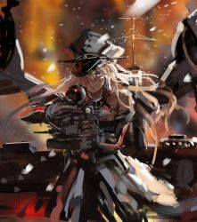 Rule 34 | 10s, 1girl, aiming, aiming at viewer, bismarck (kancolle), bismarck drei (kancolle), blonde hair, blue eyes, blurry, bottomless, brown gloves, cannon, cowboy shot, elbow gloves, gloves, hair over one eye, hat, holding, kantai collection, long hair, looking at viewer, machinery, mecha musume, peaked cap, snow, snowing, solo, stu dts