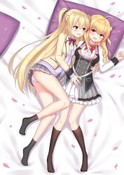 Rule 34 | 2girls, absurdres, ahoge, arihara nanami, arm around waist, ass peek, assertive female, bed sheet, black socks, blonde hair, blush, bow, bowtie, breast press, breasts, center frills, color connection, commentary request, crossover, double bun, elih (nfslyy), embarrassed, feet, frilled skirt, frills, grey skirt, hair between eyes, hair bun, hair color connection, half updo, hamidashi creative, hand on another&#039;s stomach, head on pillow, highres, hug, izumi hiyori, jacket, knees together feet apart, large breasts, legs, long hair, long legs, long sleeves, looking at another, lying, miniskirt, multiple girls, no shoes, on back, on side, open clothes, open jacket, open mouth, panties, pantyshot, petals, plaid, plaid skirt, pleated skirt, purple sweater vest, red bow, red bowtie, red eyes, riddle joker, round teeth, school uniform, shirt, sidelocks, skirt, socks, straight hair, sweater vest, symmetrical docking, teeth, thighs, toes, two side up, underwear, upper teeth only, very long hair, wavy hair, wavy mouth, white panties, white shirt, yellow jacket, yuri