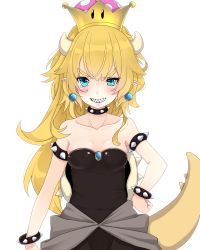 Rule 34 | 1girl, armlet, bare shoulders, black dress, blonde hair, blue eyes, blush, bowsette, bracelet, breasts, collar, collarbone, commentary request, crown, dress, earrings, evil grin, evil smile, grin, hair between eyes, hand on own hip, highres, jewelry, kiyomin, long hair, mario (series), medium breasts, mini crown, new super mario bros. u deluxe, nintendo, pointy ears, sharp teeth, simple background, smile, solo, spiked armlet, spiked bracelet, spiked collar, spiked tail, spikes, strapless, strapless dress, super crown, tail, teeth, v-shaped eyebrows, very long hair, white background