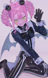 Rule 34 | 1girl, absurdres, ahoge, black bodysuit, bodysuit, bodysuit under clothes, claw pose, commentary, demon wings, drill hair, english commentary, fake wings, fang, green eyes, hair ornament, halloween, halloween costume, highres, latex, latex bodysuit, looking at viewer, original, pink hair, saaal653, shiny clothes, skeleton print, skin tight, solo, tailcoat, twintails, wings, xenon (saaal653)
