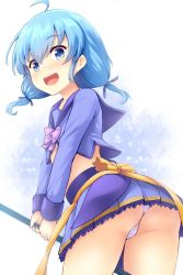 Rule 34 | 1girl, :d, ahoge, arched back, ass, blue eyes, blue hair, blue skirt, blush, delphinium (flower knight girl), flat chest, flower knight girl, hair between eyes, holding, lace, lace-trimmed skirt, lace trim, long sleeves, looking at viewer, open mouth, panties, pantyshot, pleated skirt, sailor collar, school uniform, serafuku, skirt, smile, solo, standing, thighs, twintails, underwear, uni8, upskirt, white background, white panties