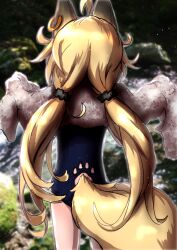 Rule 34 | 1girl, ahoge, animal ears, blonde hair, blue one-piece swimsuit, clothing cutout, earrings, fox ears, fox girl, fox tail, from behind, highres, jewelry, kazekiri, long hair, low twintails, messy hair, one-piece swimsuit, original, outdoors, school swimsuit, scrunchie, single earring, solo, swimsuit, tail, tail through clothes, towel, twintails, white towel