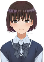 Rule 34 | 1girl, blue shirt, blush, bow, brown eyes, brown hair, closed mouth, collared shirt, dress shirt, eyebrows hidden by hair, grey bow, looking at viewer, mattaku mousuke, original, school uniform, shirt, short hair, simple background, solo, sweater vest, twitter username, upper body, white background