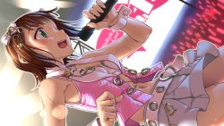 Rule 34 | 1girl, amami haruka, aya shachou, belt, blush, bow, breasts, brown hair, character name, cleavage, glowstick, gold, green eyes, hair bow, hair ornament, heart, highres, holding, holding microphone, idolmaster, idolmaster (classic), microphone, music, navel, open mouth, pink diamond 765, short hair, singing, skirt, solo, sweat