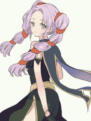 Rule 34 | 1girl, black dress, black gloves, closed mouth, dress, fire emblem, fire emblem: genealogy of the holy war, gloves, hair ribbon, long hair, looking at viewer, looking back, multi-tied hair, nintendo, purple eyes, purple hair, red ribbon, ribbon, sleeveless, sleeveless dress, smile, solo, tenjin (ahan), tine (fire emblem), twintails, white background