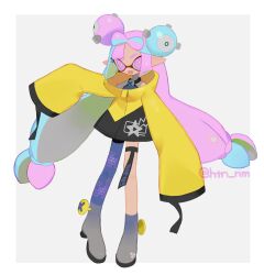 Rule 34 | 1girl, :d, alternate species, bare shoulders, black coat, blue hair, blue pantyhose, boots, bow-shaped hair, braid, coat, creatures (company), cross-shaped pupils, eyelashes, fangs, full body, game freak, gen 1 pokemon, grey footwear, halterneck, hexagon print, highres, htn nm, iono (pokemon), legs apart, light blue hair, long hair, long sleeves, low-tied long hair, magnemite, magnet, multicolored coat, multicolored hair, nintendo, one-eyed, open mouth, pantyhose, pink eyes, pink hair, pointy ears, pokemon, pokemon (creature), pokemon sv, print pantyhose, screw, single leg pantyhose, sleeves past fingers, sleeves past wrists, smile, solo, splatoon (series), split-color hair, standing, star (symbol), star print, symbol-shaped pupils, tentacle hair, thigh strap, twitter username, two-tone coat, very long hair, x, yellow coat, yellow pupils