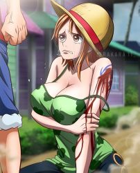 Rule 34 | 1boy, 1girl, blood, blood on hands, blue shorts, breasts, brown eyes, bush, crying, crying with eyes open, eyebrows, hat, highres, house, large breasts, monkey d. luffy, nami (one piece), navigator, no bra, one piece, orange hair, outdoors, pirate, red vest, shorts, straw hat, tattoo, tears, vest