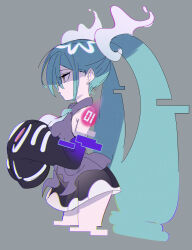Rule 34 | 1girl, absurdres, aqua hair, bare shoulders, breasts, commentary, creatures (company), detached sleeves, english commentary, from side, game freak, ghost miku (project voltage), grey background, hatsune miku, highres, long hair, nintendo, ocha (popopogg), pokemon, project voltage, simple background, skirt, sleeves past wrists, small breasts, solo, very long hair, vocaloid, yellow eyes