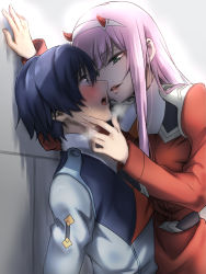 Rule 34 | 10s, 1boy, 1girl, bad id, bad pixiv id, black hair, blue eyes, blush, darling in the franxx, face-to-face, green eyes, height difference, herozu (xxhrd), hiro (darling in the franxx), horns, long hair, military, military uniform, pink hair, uniform, zero two (darling in the franxx)