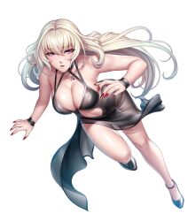 Rule 34 | armband, bare shoulders, belly, black dress, black footwear, blonde hair, breasts, dress, game cg, igawa senshu, k-suwabe, large breasts, lilith-soft, long hair, looking at viewer, nail, navel, official alternate costume, official art, open mouth, parted lips, purple eyes, red nails, revealing clothes, revealing dress, simple background, taimanin (series), taimanin rpgx