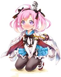 Rule 34 | 1girl, anchor symbol, azur lane, between legs, black bow, black bowtie, black pantyhose, black ribbon, blue dress, blue sailor collar, blush, bow, bowtie, closed mouth, collarbone, dress, elbow gloves, embarrassed, female focus, fingerless gloves, flat chest, frilled dress, frills, full body, gloves, gradient background, gradient hair, hair ribbon, hand between legs, headgear, jacket, jpeg artifacts, kneeling, looking at viewer, medium hair, military jacket, multicolored hair, nose blush, own hands together, pantyhose, peeing, peeing self, pink hair, platform footwear, puddle, purple eyes, ratryu, ribbon, sailor collar, saratoga (azur lane), shoes, simple background, sleeveless, sleeveless dress, solo, tears, thighband pantyhose, twintails, v arms, wavy mouth, white background, white footwear, white gloves, white jacket