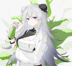 Rule 34 | 1girl, arknights, baimo848, bead bracelet, beads, bottle, bracelet, bun cover, double bun, expressionless, feather hair, gloves, green gloves, grey hair, hair between eyes, hair bun, highres, holding, holding bottle, jewelry, long hair, mulberry (arknights), mulberry (plant crude drug) (arknights), official alternate costume, plant, purple eyes, shirt, single glove, solo, spray bottle, upper body, white shirt