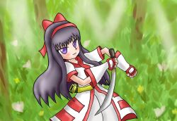 Rule 34 | 1girl, ainu clothes, breasts, fingerless gloves, forest, gloves, hair ribbon, highres, legs, long hair, looking at viewer, medium breasts, monochrome, nakoruru, nature, pants, purple eyes, purple hair, ribbon, samurai spirits, snk, solo, the king of fighters, thighs, weapon