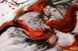 Rule 34 | 1girl, akali, akali (legacy), alternate costume, antlers, blood moon akali, chinese clothes, dual wielding, eyeliner, flat chest, hair ribbon, high ponytail, holding, horns, kama (weapon), league of legends, lips, long hair, looking at viewer, makeup, mask, mask on head, messy hair, muju, nose, realistic, ribbon, sickle, solo, very long hair, weapon, wide sleeves, yellow eyes