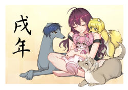 Rule 34 | 1girl, :3, ahoge, animalization, bare shoulders, barefoot, black jacket, bow, character request, chinese zodiac, closed eyes, commentary request, dog, gamerag, hair bow, happy, ichinose shiki, idolmaster, idolmaster cinderella girls, indian style, jacket, lipps (idolmaster), long hair, off shoulder, petting, pink bow, purple hair, scrunchie, sitting, smile, sweatdrop, toenails, tongue, tongue out, twintails, wrist scrunchie, year of the dog, yellow background