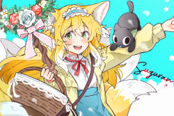 Rule 34 | :d, animal ear fluff, animal ears, arknights, bag, basket, black cat, blonde hair, blue background, blue hairband, blue skirt, blush, bow, brown bag, cardigan, cat, flower, fox ears, fox girl, fox tail, frilled hairband, frills, green eyes, hair ornament, hair scrunchie, hairband, high-waist skirt, highres, holding, holding basket, kitsune, kyuubi, long hair, long sleeves, luo xiaohei, multicolored hair, multiple tails, neck ribbon, official alternate costume, open cardigan, open clothes, open mouth, outstretched arms, pink bow, puffy long sleeves, puffy sleeves, red ribbon, ribbon, scrunchie, shirt, shoulder bag, simple background, skirt, sleeve cuffs, smile, spread arms, staff, star (symbol), suzuran (arknights), suzuran (spring praise) (arknights), tail, teeth, luo xiaohei zhanji, two-tone hair, upper body, upper teeth only, wed (lim38869577), white hair, white shirt, wreath, yellow cardigan