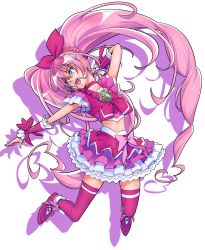 Rule 34 | 10s, 1girl, :d, blue eyes, brooch, choker, cure melody, frilled skirt, frills, heart, highres, houjou hibiki, jewelry, long hair, magical girl, midriff, miniskirt, nukosann, open mouth, petticoat, pink hair, pink theme, pink thighhighs, precure, simple background, skirt, smile, solo, suite precure, thighhighs, twintails, very long hair, white background, zettai ryouiki
