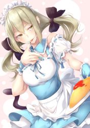 Rule 34 | 1girl, 5851whbh, absurdres, apron, asymmetrical sleeves, black bow, blonde hair, blue nails, blue ribbon, blue skirt, bow, detached sleeves, floating hair, food, food on hand, hair between eyes, hair bow, highres, ketchup, koujiro frau, layered skirt, long hair, looking to the side, maid headdress, nail polish, omelet, omurice, ribbon, ribbon-trimmed shirt, ribbon-trimmed sleeves, ribbon trim, robotics;notes, short sleeves, skirt, solo, tongue, tongue out, twintails, uneven sleeves, waist apron, white apron, white sleeves, wrist cuffs, yellow eyes